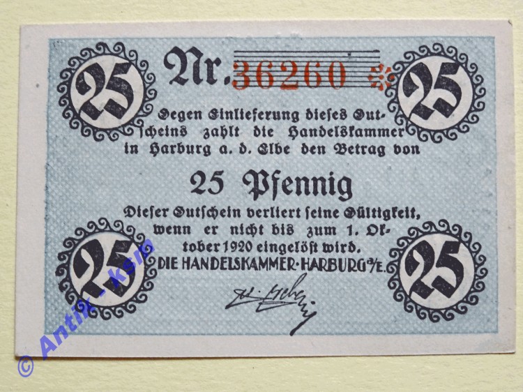 Notgeld Harburg , Niedersachsen Hamburg , Einzelschein über 25 Pfennig , Tieste 2805.01 , von 1920 , Verkehrsausgabe