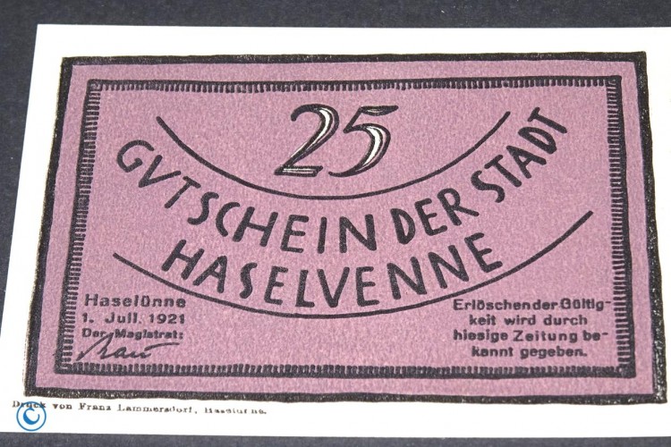 Notgeld Haselünne , 25 Pfennig Schein , Mehl Grabowski 583.1 e , von 1921 , Niedersachsen Seriennotgeld
