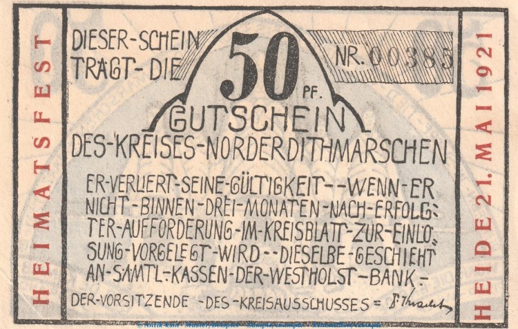Notgeld Heimatfest Norder Dithmarschen 983.3 , 50 Pfennig Schein in kfr. o.D. Schleswig Holstein Seriennotgeld