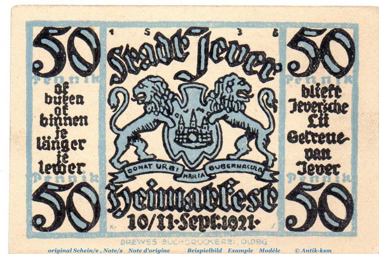 Notgeld Heimatverein Jever 661.3 , 50 Pfennig Schein Nr 2 in kfr. von 1921 , Niedersachsen Seriennotgeld