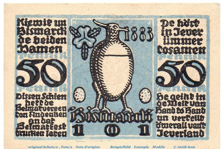 Notgeld Heimatverein Jever 661.3 , 50 Pfennig Schein Nr 3 in kfr. von 1921 , Niedersachsen Seriennotgeld