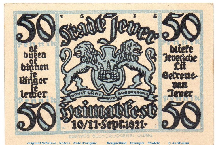 Notgeld Heimatverein Jever 661.3 , 50 Pfennig Schein Nr 3 in kfr. von 1921 , Niedersachsen Seriennotgeld