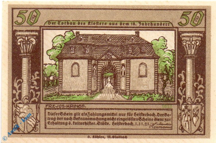 Notgeld Heisterbach , 50 Pfennig Schein Nr 1 , Mehl Grabowski 593.2 , von 1921 , Westfalen Serien Notgeld