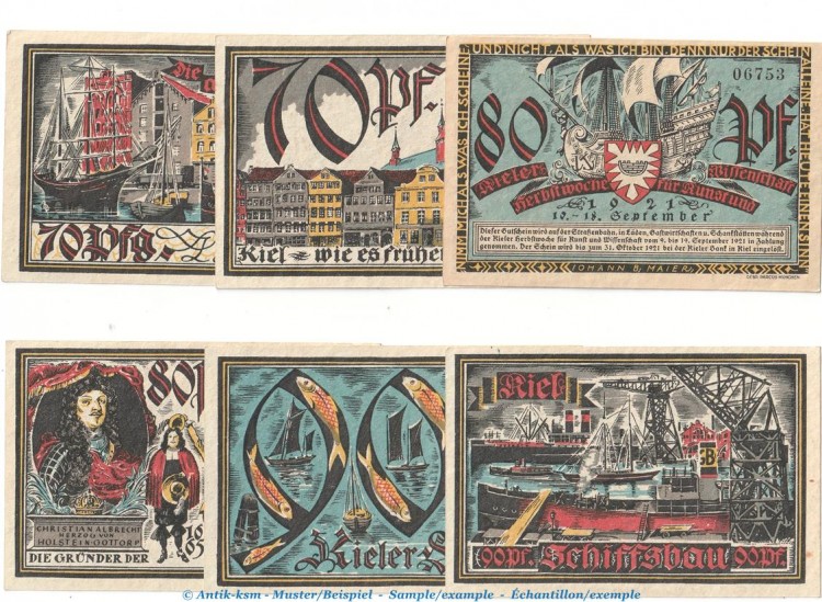 Notgeld Herbstwoche Kiel 962.2 , Set -hellblau- mit 6 Scheinen in kfr. von 1921 , Schleswig Holstein Seriennotgeld