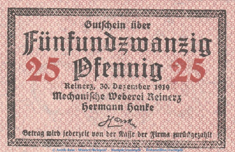Notgeld Hermann Hanke Reinerz , 25 Pfennig Schein in kfr. Tieste 6005.05.11 von 1919 , Schlesien Verkehrsausgabe