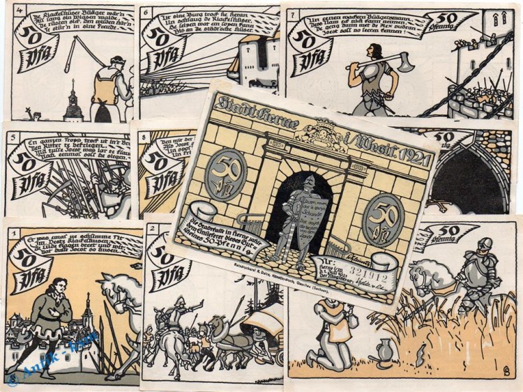 Notgeld Herne , Set mit 10 Scheinen in kfr. Mehl Grabowski 602.1 , von 1921 , Westfalen Seriennotgeld