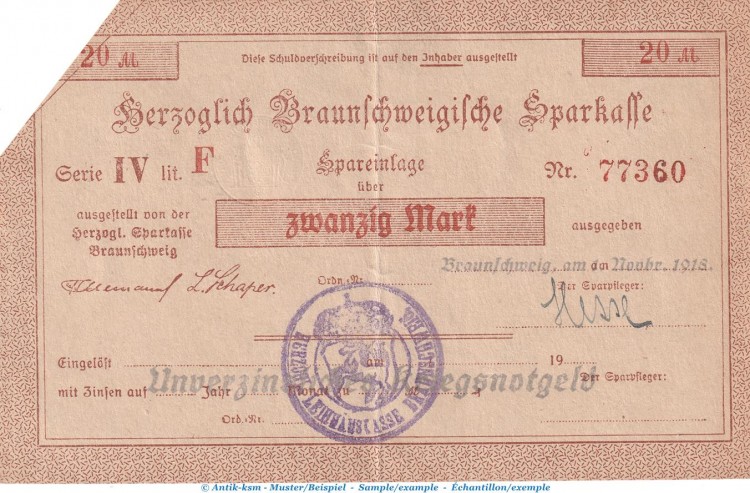 Notgeld Herz. Sparkasse Braunschweig , 20 Mark Schein in gbr.E Geiger 058... von 1918 , Niedersachsen Grossnotgeld