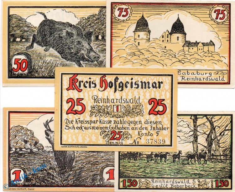 Notgeld Hofgeismar , Reinhardswaldserie , Set mit 5 Scheinen in kfr. Mehl Grabowski 619.2 , von 1922 , Hessen Seriennotgeld