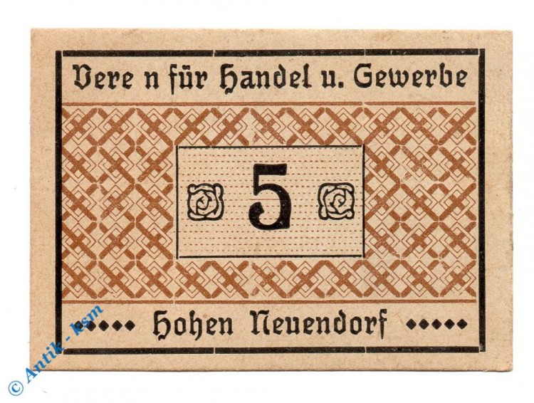Notgeld Hohen Neuendorf , 5 Pfennig Schein , fehlendes i , Tieste 3085.10.11.F , Brandenburg Verkehrsausgabe
