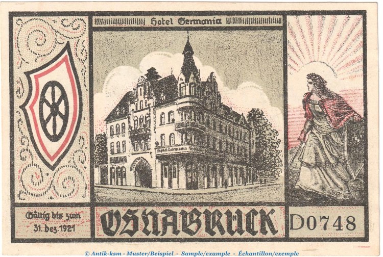 Notgeld Hotel Germania Osnabrück 1030.1 , 75 Pfennig Schein -D- in kfr. o.D. Niedersachsen Seriennotgeld