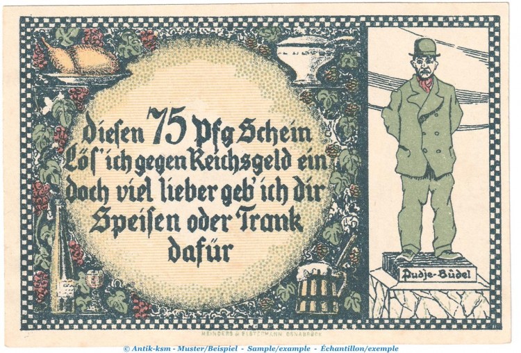 Notgeld Hotel Germania Osnabrück 1030.1 , 75 Pfennig Schein -D- in kfr. o.D. Niedersachsen Seriennotgeld