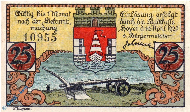 Notgeld Hoyer , 25 Pfennig Schein , verschl. Kreise , Mehl Grabowski 633.3 , von 1922 , dänisch Nordschleswig Seriennotgeld