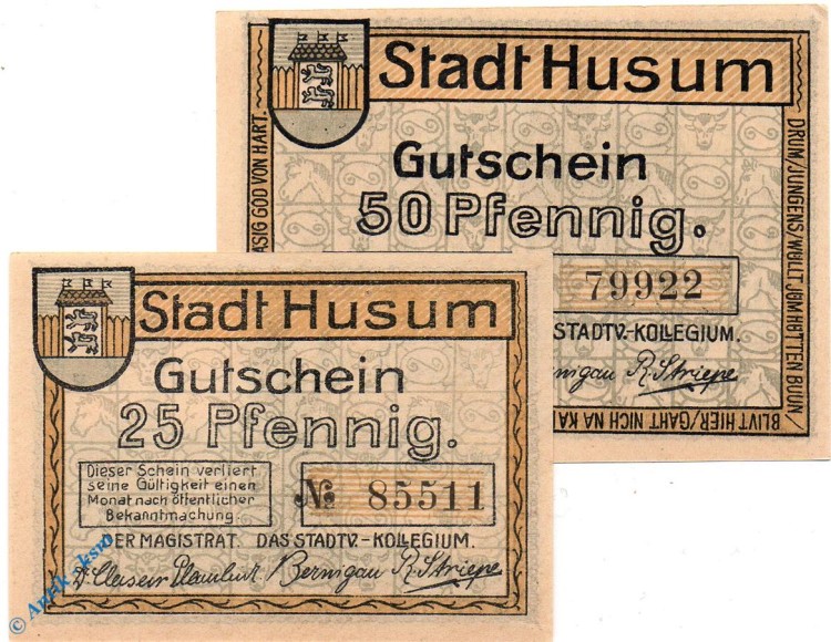 Notgeld Husum , Set mit 2 Scheinen , Mehl Grabowski 639.1 , von 1920 , Schleswig Holstein Seriennotgeld