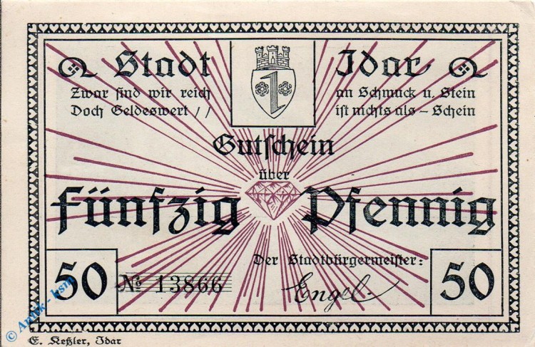 Notgeld Idar , 50 Pfennig Schein , Tieste 3170.10.01 , Rheinland Pfalz Verkehrsausgabe