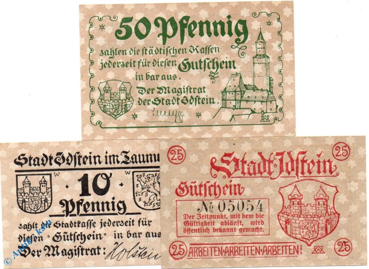 Notgeld Idstein , Set mit 3 Scheinen , Tieste 3175.05.10 bis 12 , Hessen Verkehrsausgabe