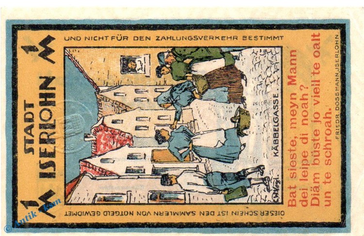 Notgeld Iserlohn , 1 Mark Schein Nr 2 in kfr. Mehl Grabowski 647.1 , von 1921 , Westfalen Seriennotgeld