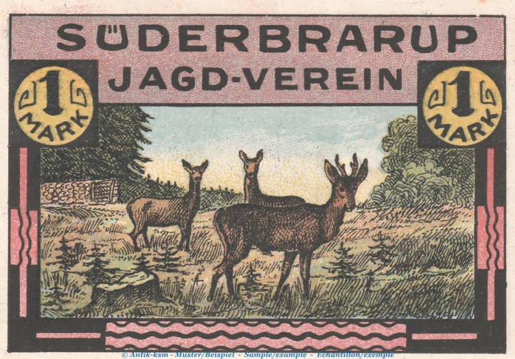 Notgeld Jagdverein Süderbrarup 1295.1.a , 1 Mark Schein in kfr. o.D. Schleswig Holstein Seriennotgeld