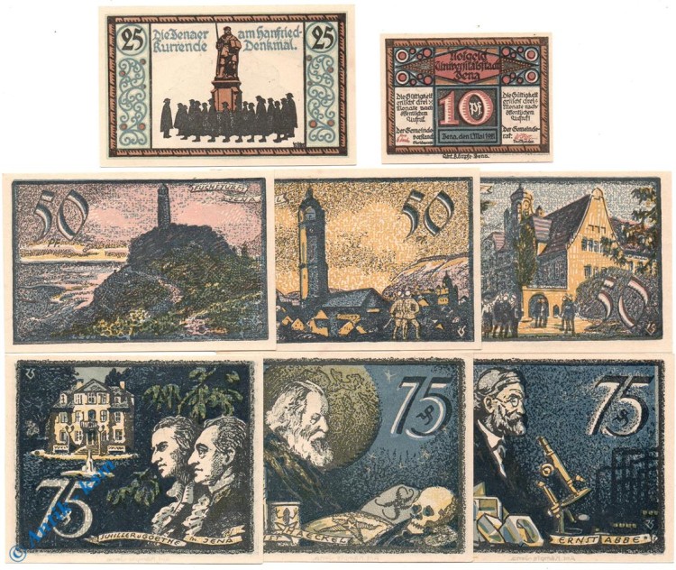 Notgeld Jena , Set mit 8 Scheinen , Mehl Grabowski 656.2 , von 1921 , Thüringen Serien Notgeld