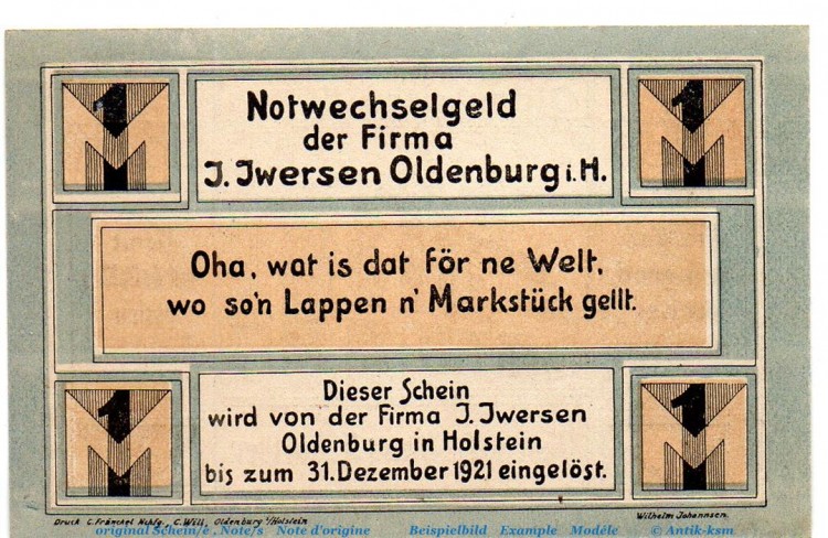 Notgeld J, Iwersen Oldenburg 1014.1.b , 1 Mark Schein in kfr. von 1921 , Schleswig Holstein Seriennotgeld