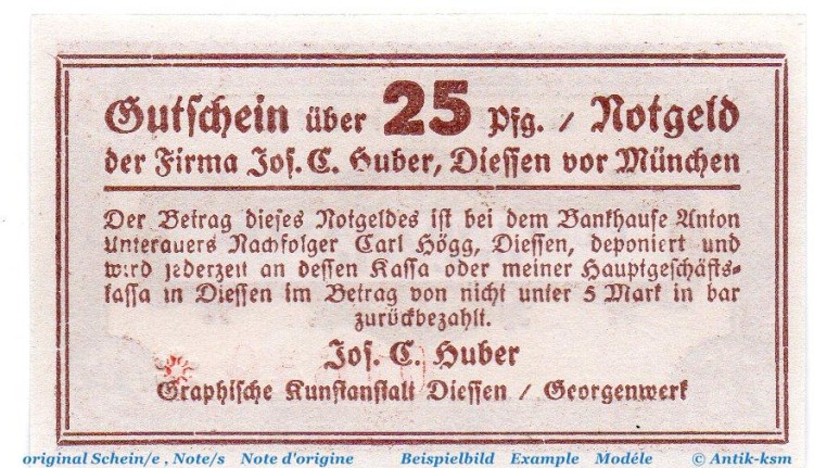 Notgeld Jos. C. Huber Kunstanstalt Diessen 1370.05.03 , 25 Pfennig Schein in kfr. o.D. Bayern Verkehrsausgabe