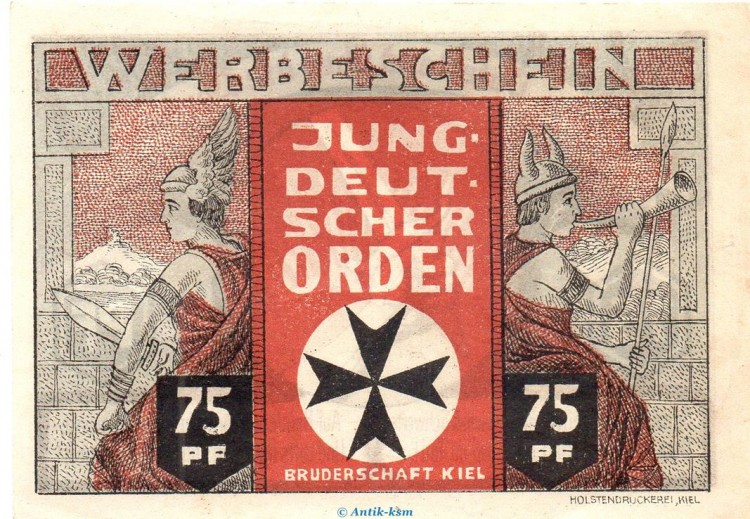 Notgeld Jungdeutscher Orden Kiel 694.1 , 75 Pfennig Schein in kfr. o.D. Schleswig Holstein Seriennotgeld
