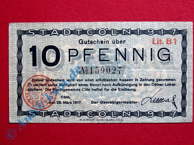 Notgeld Köln , Cöln , Einzelschein über 10 Pfennig , Tieste 3565.01 , von 1917 , Rheinland Verkehrsausgabe