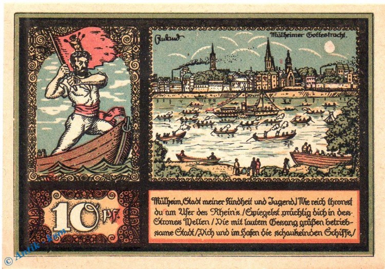 Notgeld Köln Mühlheim , 10 Pfennig Schein in kfr. Mehl Grabowski 720.1 , Westfalen Seriennotgeld