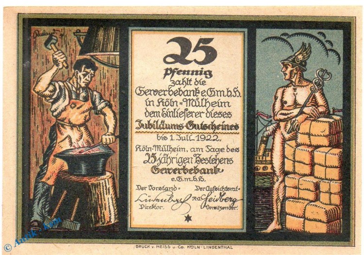 Notgeld Köln Mühlheim , 25 Pfennig Schein in kfr. Mehl Grabowski 720.1 , Westfalen Seriennotgeld