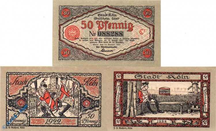 Notgeld Köln , Set mit 3 Scheinen in kfr. Mehl Grabowski 717.1 , von 1922 , Westfalen Serien Notgeld