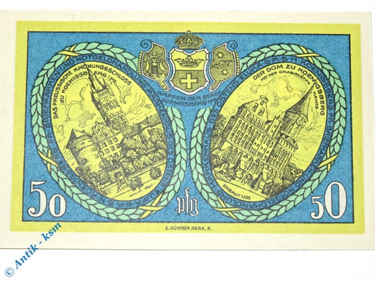 Notgeld Königsberg , Eluka , Einzelschein über 50 Pfennig blau gelb , Mehl Grabowski 723.1 , von 1921 , Ostpreussen Seriennotgeld