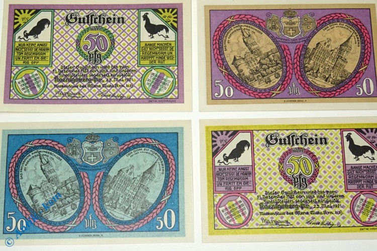 Notgeld Markenhaus Eluka Königsberg 723.1 , Set mit 4 Scheinen i n kfr. von 1921 , Ostpreussen Seriennotgeld