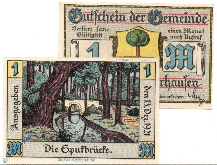 Notgeld Königswusterhausen , 1 Mark Schein F , grün blau , Mehl Grabowski 732.2 a , von 1921 , Brandenburg Seriennotgeld