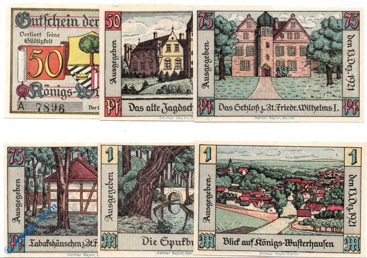 Notgeld Königswusterhausen , Set mit 6 Scheinen , grün blau , Mehl Grabowski 732.2 a , von 1921 , Brandenburg Seriennotgeld