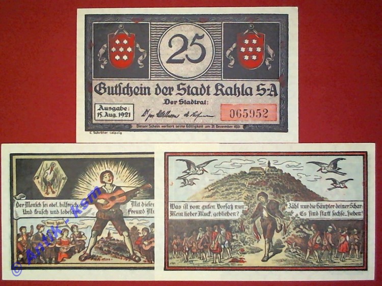 Notgeld Kahla , Muckserie , vollständiger Satz mit 3 Scheinen , Seriennotgeld , Thüringen , Mehl Grabowski 322.5 , von 1921