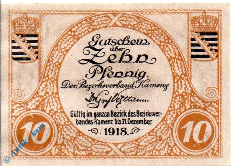 Notgeld Kamenz , 10 Pfennig Schein - 1918 , Tieste 3355.05.01 , von 1917 , Sachsen Verkehrsausgabe