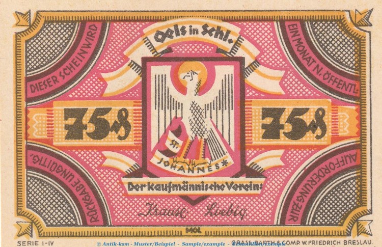 Notgeld Kaufmännischer Verein Oels 1008.1 , 75 Pfennig Schein in kfr. o.D. Schlesien Seriennotgeld