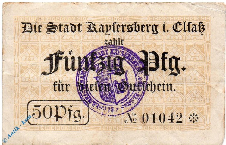 Notgeld Kaysersberg , 50 Pfennig Schein gbr , Tieste 3425.05.01 , von 1917 , Elsass Verkehrsausgabe