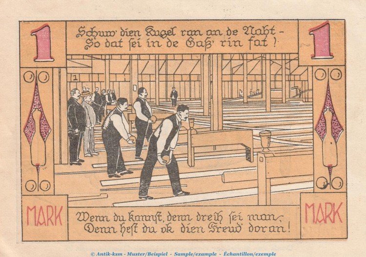 Notgeld Keglerverband Wismar 1437.1 , 1 Mark Schein in kfr. von 1921 , Mecklenburg Vorpommern Seriennotgeld