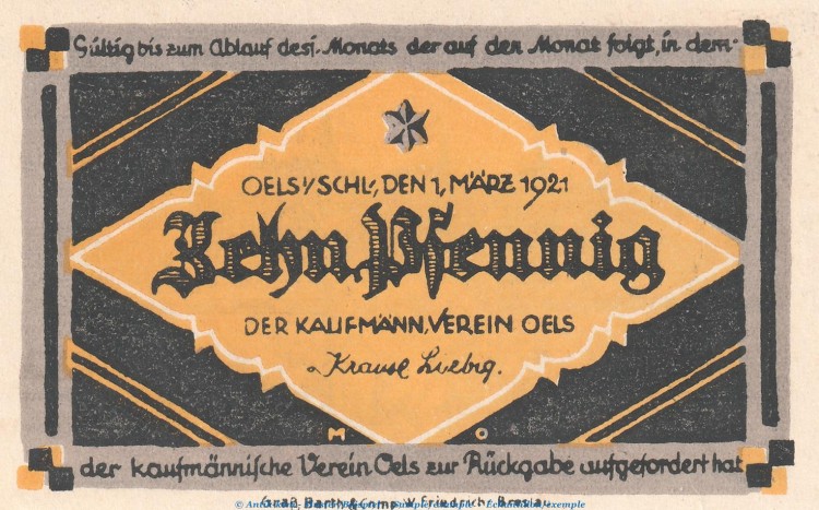 Notgeld Kfm. Verein Oels , 10 Pfennig Schein in kfr. Tieste 5320.05.15 von 1921 , Schlesien Verkehrsausgabe