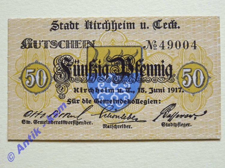 Notgeld Kirchheim , Württemberg , Einzelschein über 50 Pfennig , Tieste 3495.01 , von 1917 , Verkehrsausgabe