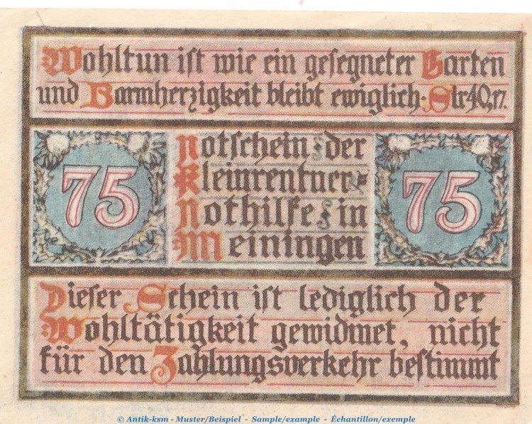 Notgeld Kleinrentner Meiningen 876.2.a , 75 Pfennig Schein Nr.1 in kfr. o.D. Thüringen Seriennotgeld