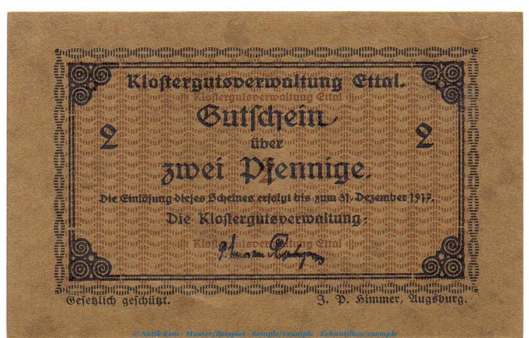 Notgeld Klostergut Ettal 1810.05.16 , 2 Pfennig --geflecktes Papier-- in kfr. o.D. Bayern Verkehrsausgabe