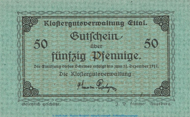 Notgeld Klostergut Ettal 1810.05.38 , 50 Pfennig Schein in kfr. o.D. Bayern Verkehrsausgabe