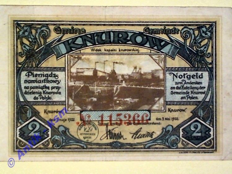 Notgeld Knurow , Einzelschein 1 Mark , Motiv , Seriennotgeld , Polnisch Oberschlesien , Mehl Grabowski 712.1 , von 1922