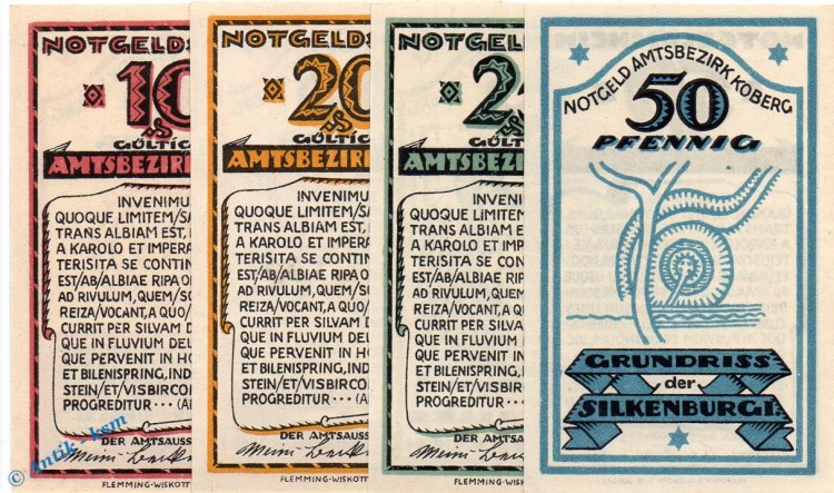 Notgeld Koberg , Karten und Grundrisse , Set mit 4 Scheinen in kfr. Mehl Grabowski 713.3 , von 1921 , Schleswig Holstein Seriennotgeld