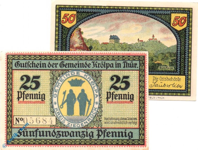 Notgeld Kröpla , Set mit 2 Scheinen , Mehl Grabowski 745.1 , von 1921 , Thüringen Seriennotgeld