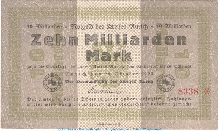 Notgeld Kreis Aurich , 10 Milliarden Mark Schein in L-gbr.E Keller 204.d von 1923 , Niedersachsen Inflation