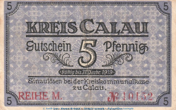 Notgeld Kreis Calau , 5 Pfennig Schein in gbr. Tieste 1060.05.01 von 1918 , Brandenburg Verkehrsausgabe