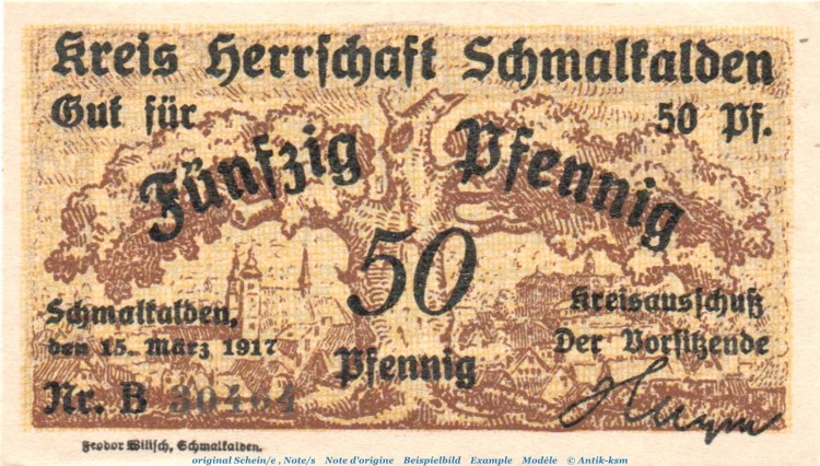 Notgeld Kreis Herrschaft Schmalkalden , 50 Pfennig Ser. B in kfr. von 1917 , Hessen Verkehrsausgabe