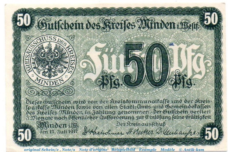Notgeld Kreis Minden 4575.05.03 , 50 Pfennig Schein in kfr. von 1917 , Westfalen Verkehrsausgabe